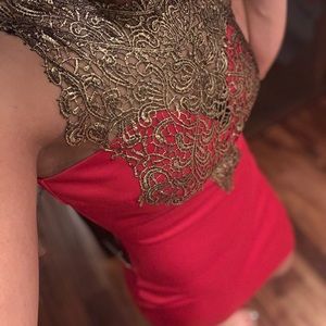 Sexy Red party dress with gold Lace